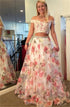 A Line Two Piece Off the Shoulder Printed Chiffon Prom Dress with Appliques Beading LBQ3301